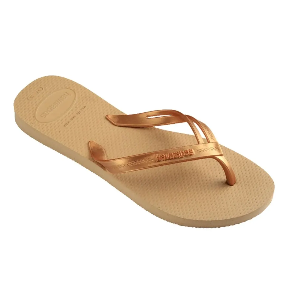 Chinelo feminino Havaianas Elegance dourado vista superior para ajuste